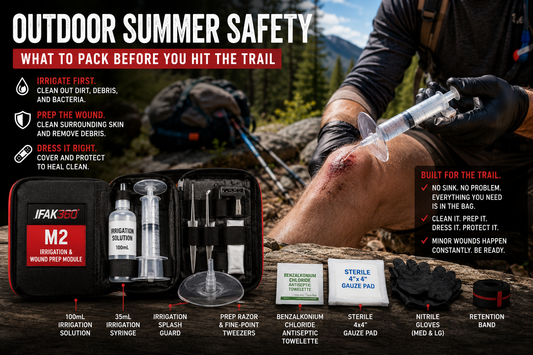 IFAK360 M2 Irrigation & Wound Prep Module laid out on a trail log with a paramedic irrigating a knee wound in the background — Outdoor Summer Safety infographic